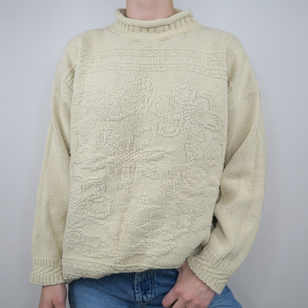 Vintage 80s Textured Embossed Floral Cream Knit Sweater